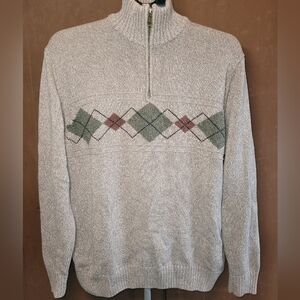 Men's Geoffrey Beene Quarter Zip Pullover Sweater Taupe Gray W Green Argyle Sz L